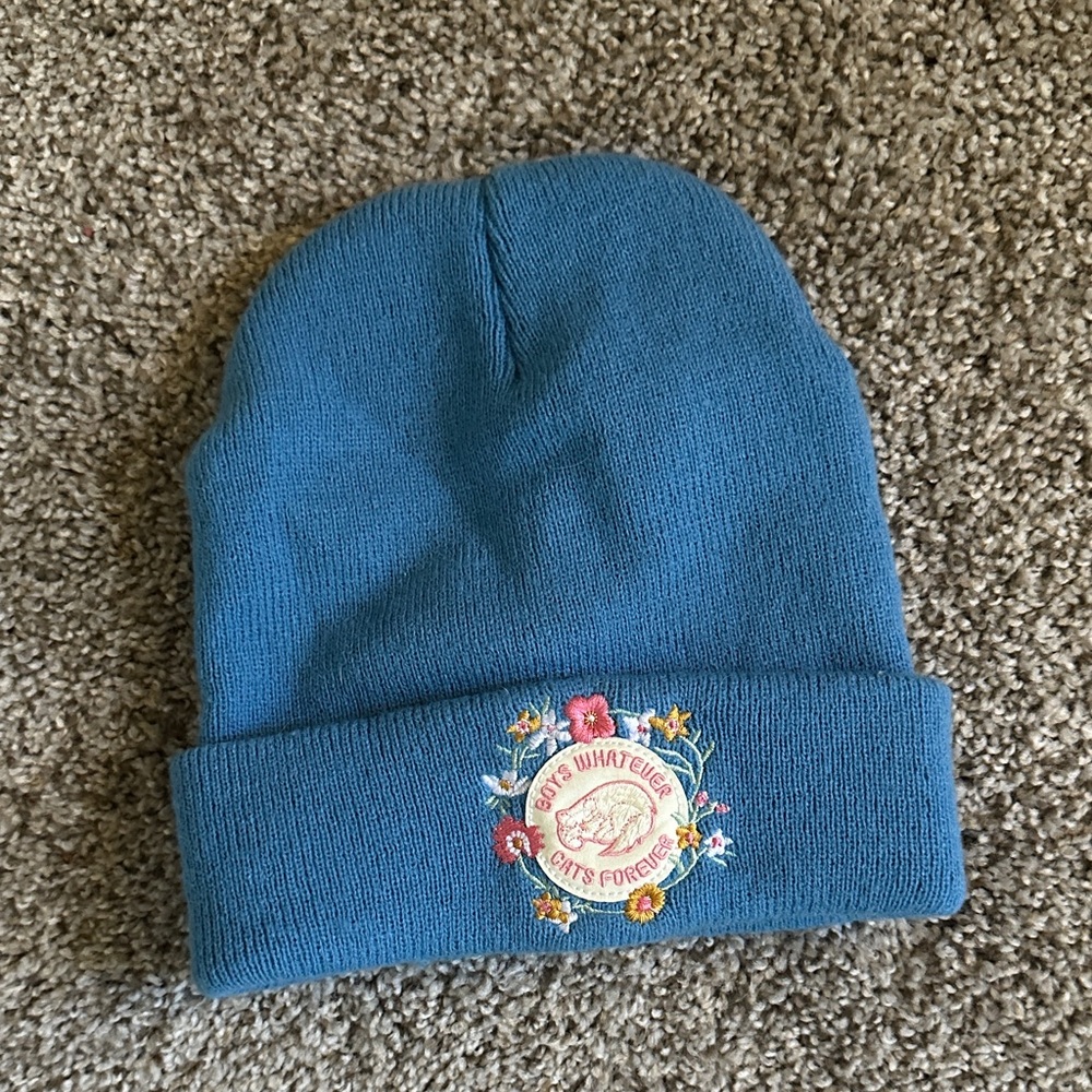 Blue Knit Beanie Hat with Floral Patch
